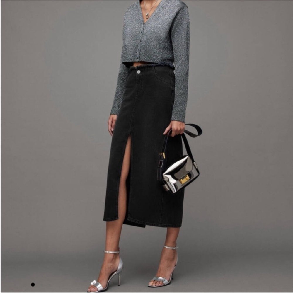 Elegant All Saint Black Denim Midi Skirt Size XS
